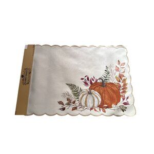 Pumpkin & Fall Leaves Scalloped Placemats 2-Pack 13"x19" Polyester Autumn Table